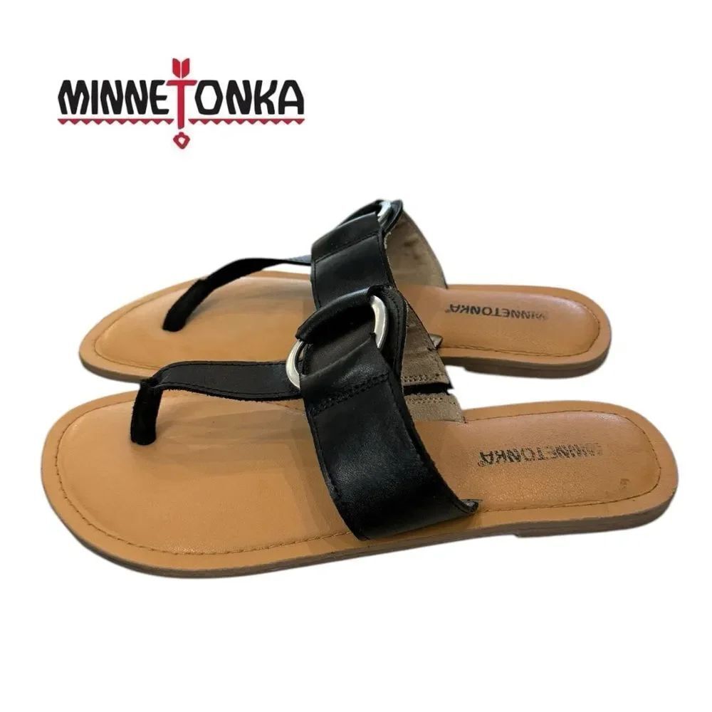 Minnetonka Fairlea Women's Black Thong Slide Leather Sandals 10